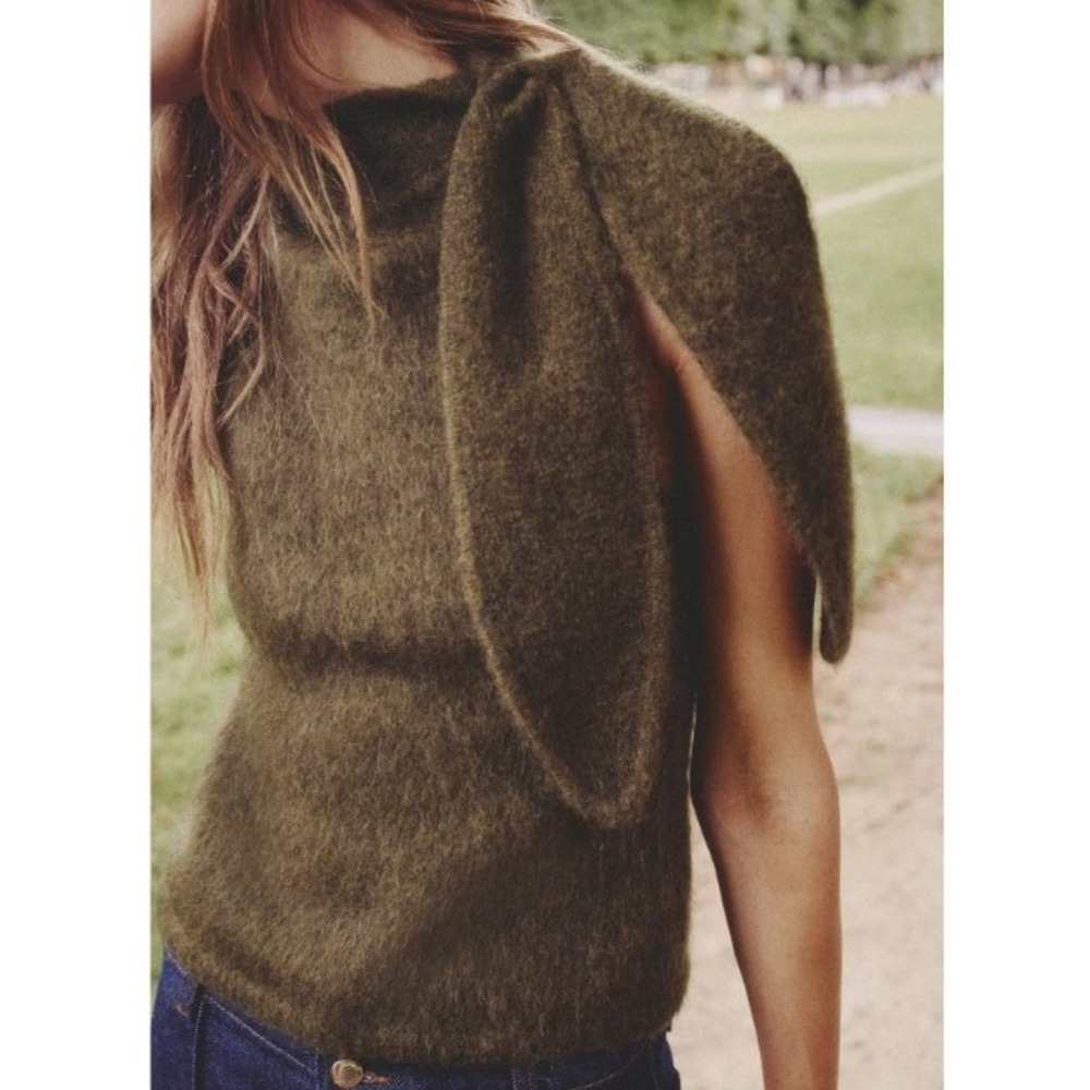 H&M Edition Khaki Green Mohair Wool Blend Scarf Neck Sleeveless Sweater Top M